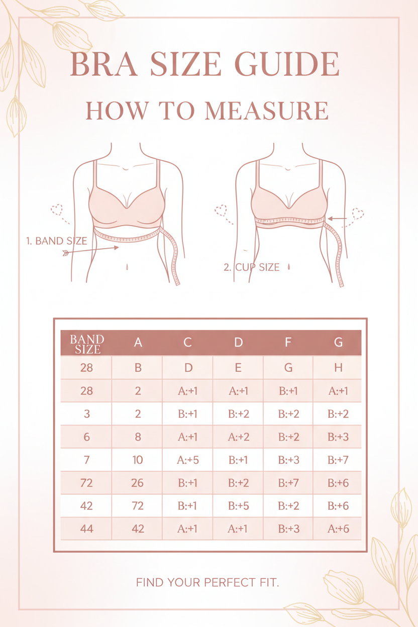 Bra size chart for Indian women showing band size and cup size measurements