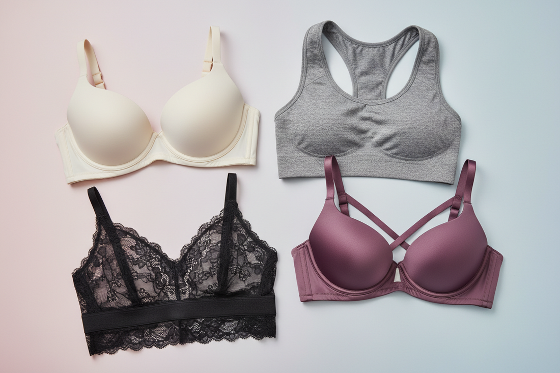 Different types of bras including padded push up sports and lace bras for women