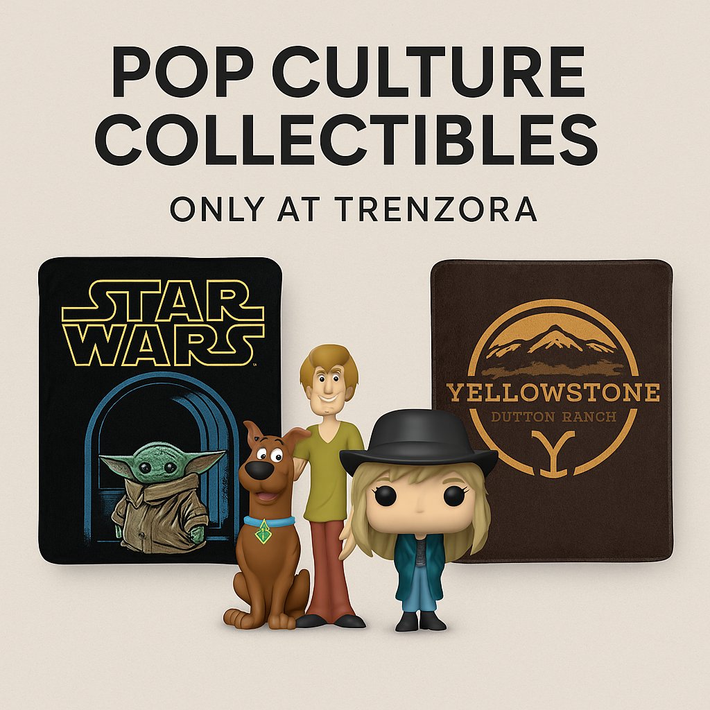 Pop culture collectible banner featuring Star Wars, Scooby-Doo, and Yellowstone-themed throw blankets and figures.