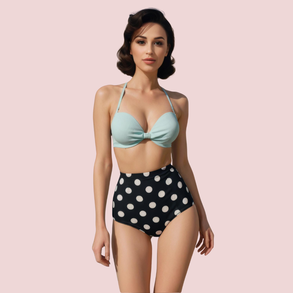 Retro Halter Neck & Bow-Front Sweetheart Bikini Topa in Mint (Top Only)