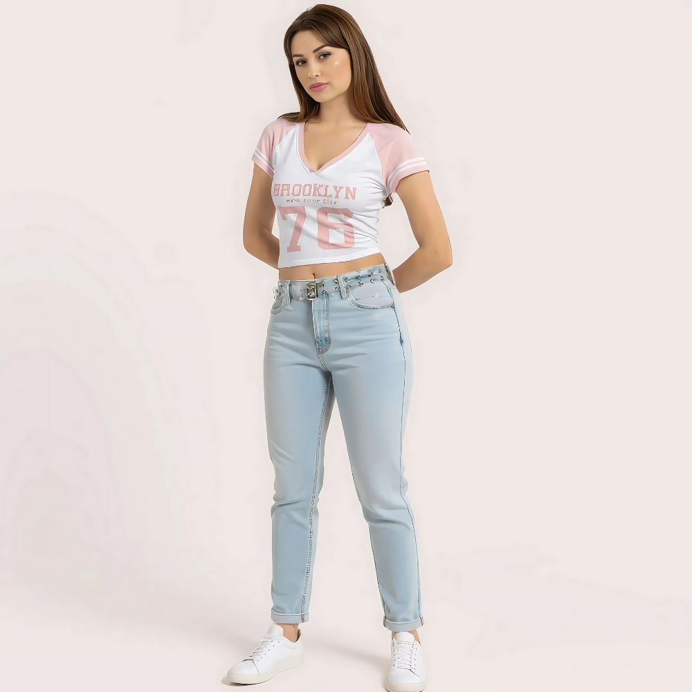 Women's Pink "Brooklyn 76" V-Neck Crop Top – Sporty Graphic Tee